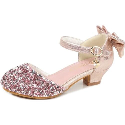Girls Princess Leather Shoes For Kids Latest Fashion Glitter Children High Heel Artificial Pearl Sequin Shoes Pink Silver