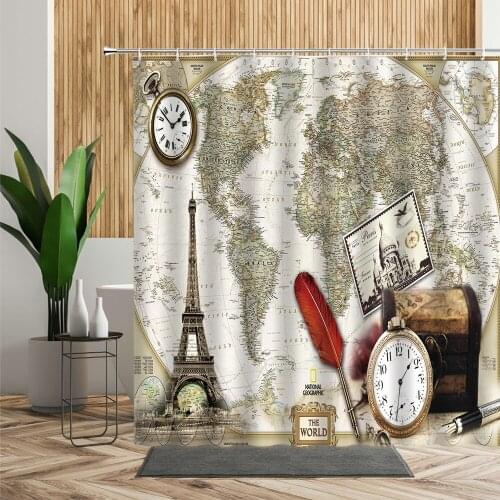Retro World Map Shower Curtain Paris Tower Feather Pocket Watch Creative Nostalgic Cloth Bathroom Decor Bath Curtains Waterproof