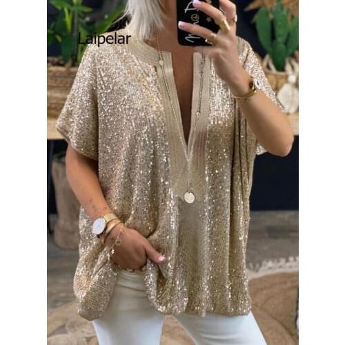 Women Short Sleeve Sequins T Shirt Summer Top Femme Tees Ladies Shirts Clothes Sexy V Neck 2021 Loose Casual Silver Gold Color