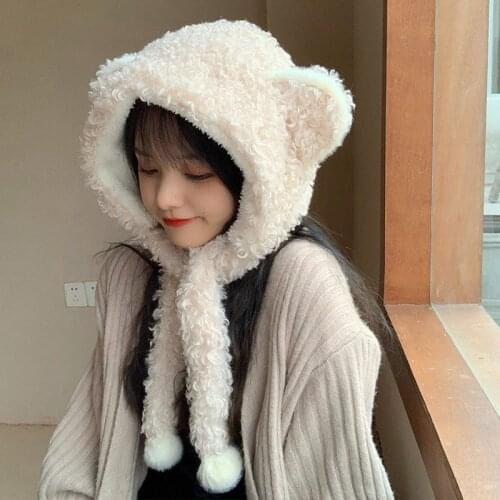 Bear Ear Ear Protection Hat Womens Autumn Winter Cute Plush Hat Scarf One Female Korean Version Warm Fluffy Bomber Hat