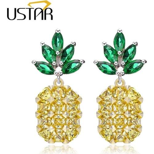 USTAR yellow Pineapple Stud Earring for Women Cubic Zircon Crystals Earrings female Ear brincos Pending