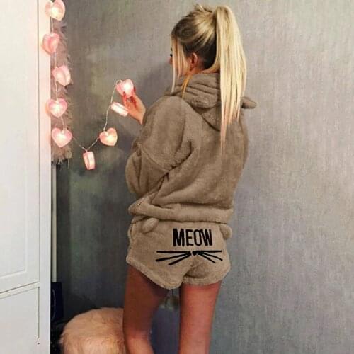 Women Coral Velvet Suit Two Piece Set 2020 Autumn Winter Tracksuit Warm Outfits Cute Cat Meow Pattern Hoodie Shorts Set 2020 New