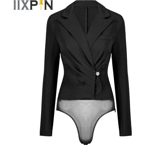 Women Blazer Jacket Bodysuit Pleated Lapel Stylish Long Sleeve One Button Formal Bodysuits Office Ladies Business Suit Workwear