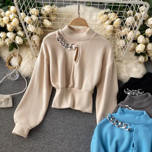 2021 Spring Autumn Womens Long Sleeve Knittwear Jumpers Chain Decoraton Neck Hollow Out Slim Sweater Crop Pullovers For Women