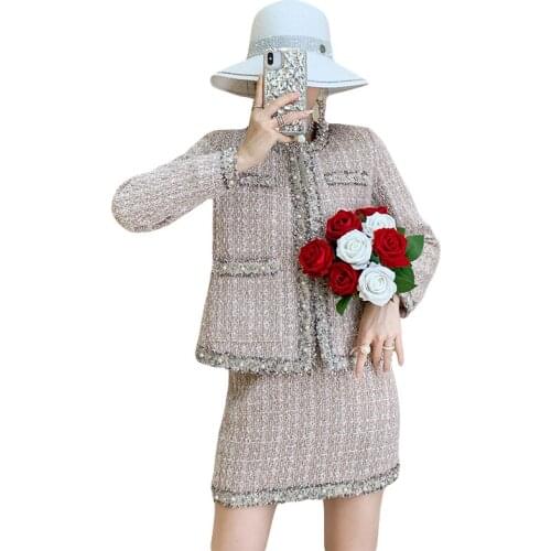 2020 Autumn Winter Fashion Womens Set Long Sleeve Tweed Woolen Jacket Coat + Elegant Mini Bodycon Skirt Suits 2 Piece Sets