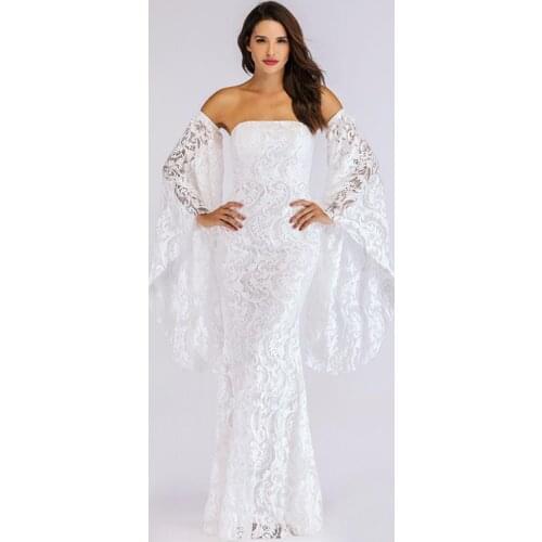 ENLU Sexy Hollow Out Dress Women Elegant White Lace Dress Tube top Shoulder Flare Sleeve Clubwear long Club Party Dress