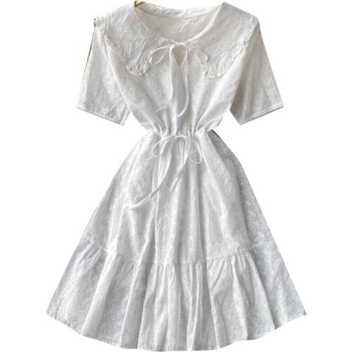 2021 New Summer Women Turn-down Collar Short Sleeve Drawstring Slim Mini Dress High Quality Embroidery White Dress