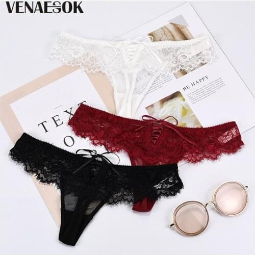 2020 NEW Fashion Sexy G-String Lady 3 Piece Panties Transparent Lace Thong Women Underwear Soft Low-rise Thongs Embroidery
