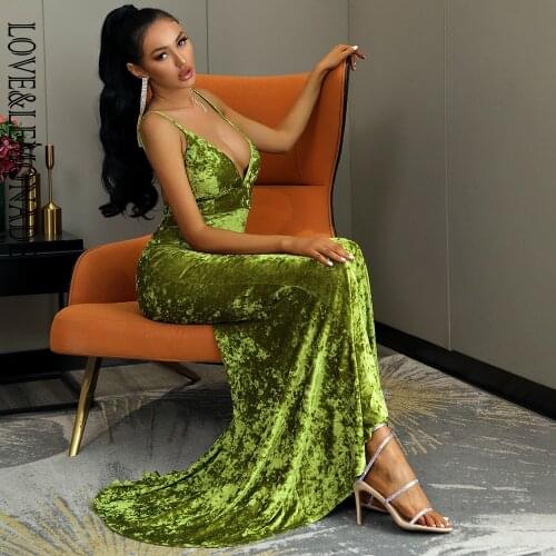 LOVE&LEMONADE Sexy Deep V-Neck Open Back Reflective Green Elastic Velvet Material Fishtail Shape Party Maxi Dress LM80119-2