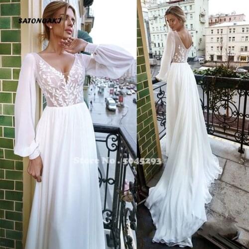 Simple White Chiffon Wedding Dresses Appliques Lace V-Neck Full Sleeve Sweep Train Bridal Gowns Robe De Mariée Vestidos Sukienka