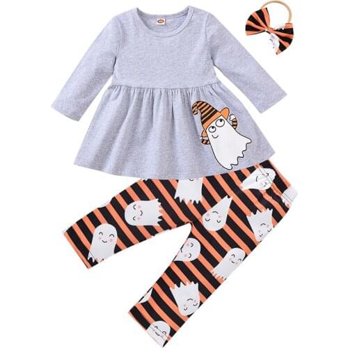 3Pcs Children Halloween Tracksuit Cartoon Ghost Long Sleeves Pullover Tops Stripe Pants Clothes Suit for Kids Girls 6M-4Y New