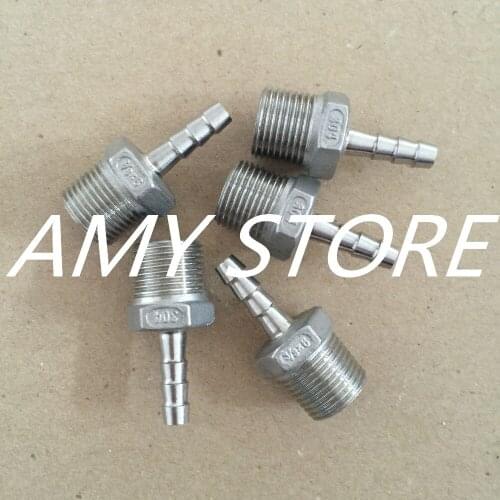 5PCS SS304 Hose Barb 6MM x 3/8" Male BSPT Thread Hex Pipe Adapters Connectors