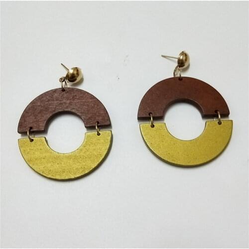 Two Tone Natural Wooden Round Earrings for Women Semicircle Wood Link Earrings Jewelry Wholesale