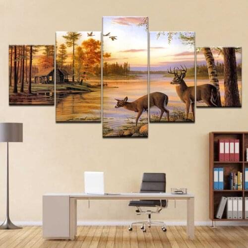 Canvas Wall Art Pictures Modern Frame Living Room 5 Pieces Animal Elk Sunset Nature Landscape Decor HD Printed Posters Paintings