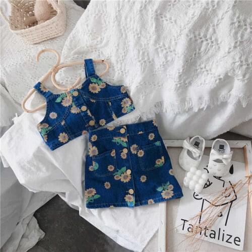 Boutique Kids Clothing Outfits Set Summer 2021 New Flowers Denim Skirt Vest 2 Pieces Streetwear Fashion