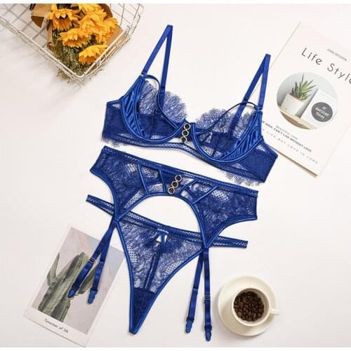 Yimunancy 3-piece Lace Bra Set Transparent Floral Bra Underwire + Thong Lingerie Set 2021 Spring Ladies Blue Sexy Underwear