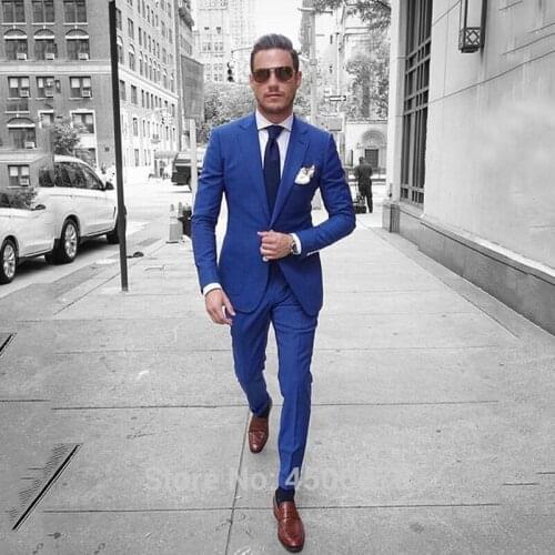 Royal Blue Mens Wedding Suits Slim Fit Casual Business Suits Groom Wear Tuxedos Prom Costume Homme 2Pcs Jacket Pants Blazer