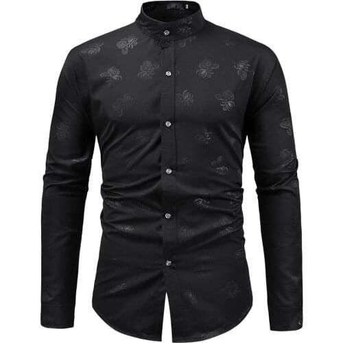 Fashion Floral Print Black Shirt Men 2020 Brand Slim Fit Long Sleeve Mens Dress Shirts Wedding Party Mandarin Collar Shirt Male