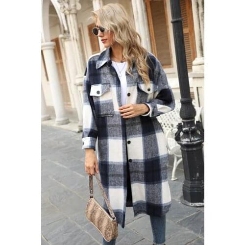 New Autumn Winter Loose Large Size Women Blue Plaid Coat Jacket Casual Warm Overcoat Fashion Long Coats