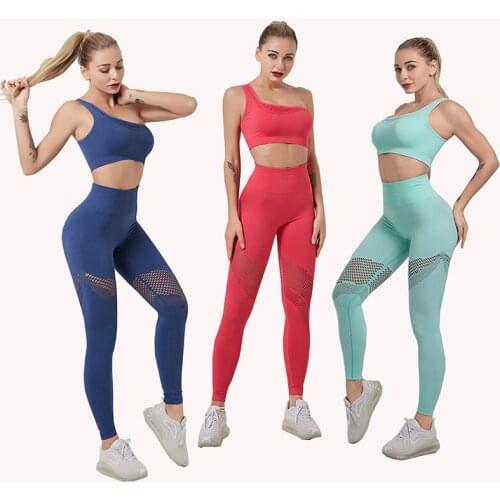 New Women Casual Yoga Sets One Shoulder Tops Push Up Hellow Out Leggings Nylon Fitness 2 Piece Sets Tracksuit Female