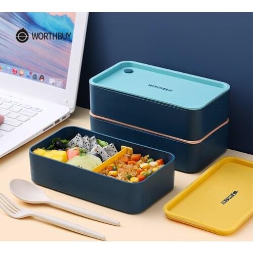 Office Worker with Lunch Box Double-Layer Japanese-Style Portable Microwave Bento Box Separated Insulation Heated Lunch Box Set