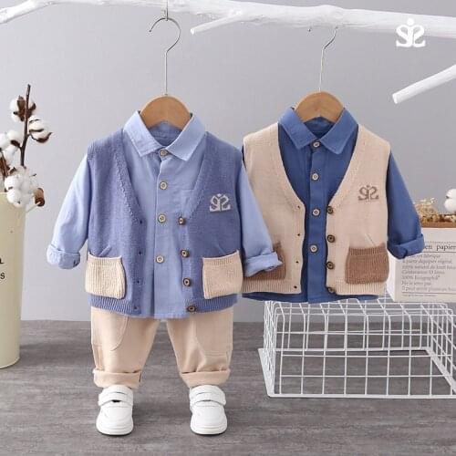 Autumn Fashion Kids Cotton Clothes Baby Boys Girls Sweater Vest Solid Shirts Pants 3Pcs/sets Pocket Children Toddler Tracksuits