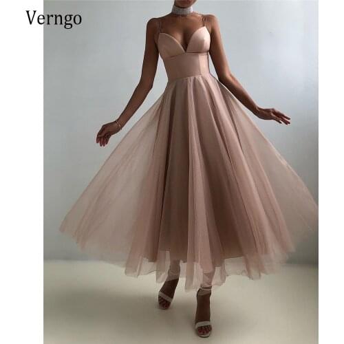 Verng Simple Old Pink/Black A Line Evening Party Dresses Spaghetti Straps Tulle And Satin Empire Tea Length Midi Prom Gowns 2021