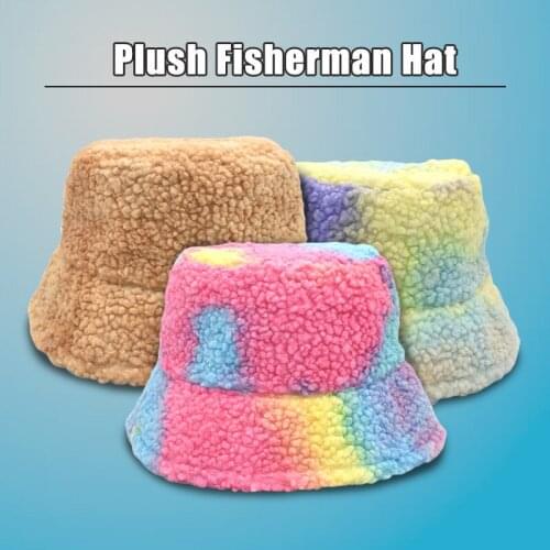 Pink Plush Fur Bucket Hat For Women Girl Rainbow Tie Dye Soft Warm Fishing Cap Fisherman Winter Lady Vintage Bucket Hat