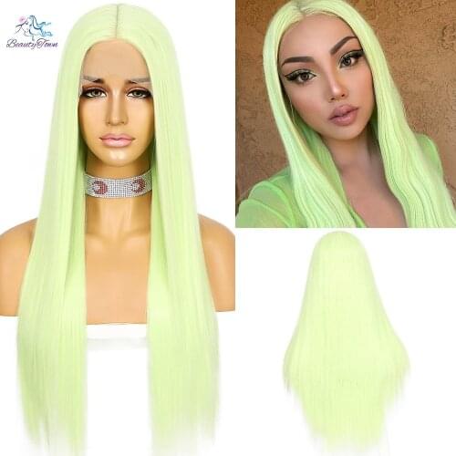 BeautyTown Fashion Winter Synthetic Long Straight Green T Part Lace Wig Daily Makeup Cosplay Party Christmas Hair Gift 2021