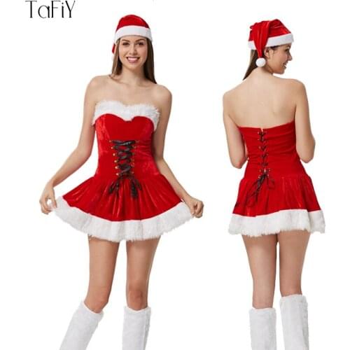 TaFiY Top Quality Sexy Adult Women Christmas Costume Halloween Party Sweetheart Miss Santa Cosplay Costume Dress+Hat 2pcs/Set