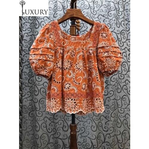 Shirt 100%Cotton 2020 Blouse Summer Style Women Sexy Square Collar Allover Hollow Out Embroidery Short Sleeve Tops