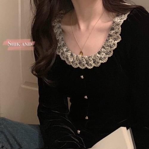 Women Spring Black Long Sleeve Lace Round Collar Blouse Vintage Velvet Slim Fit Shirt Casual Pullover Short Tops French Style