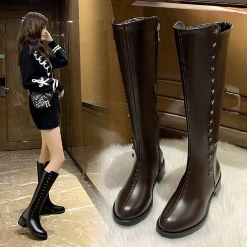 2020 New Brand genuine leather women boots thick high heels square toe ladies shoes black brown winter knee high boots