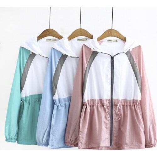 Plus size Thin Trench Coat Women Spring Summer Hooded Sun protection clothing Loose Outerwear Students Splice Casual Tops G1009