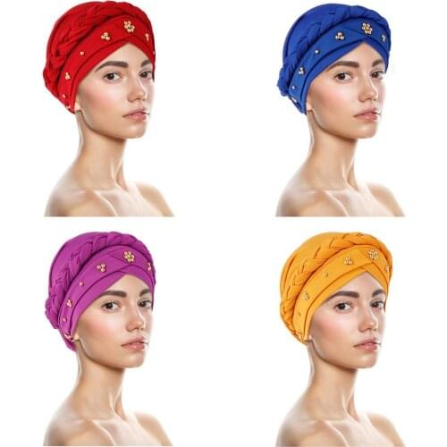 4-piece set of African womens turban hat beaded turban beanie twist braid hat faux pearl head