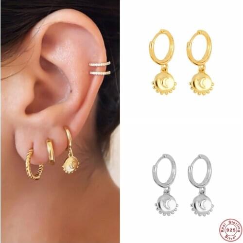 Aide 925 Sterling Silver Cute Sun Moon Plate Pendant Drop Earrings for Women Small Circle Dangle Earring Jewelry Birthday Gift