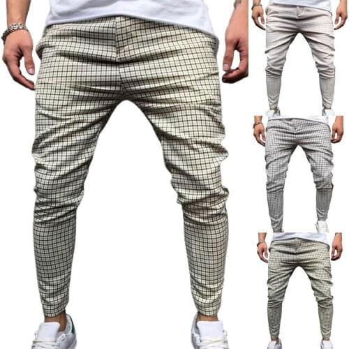 New Fashion Men Pants Mid Waist Slim Plaid Checkered Side Stripe Trousers for Work