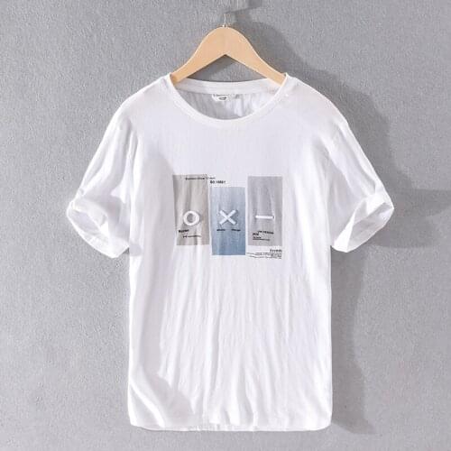 2020 Summer short-sleeved embroidered linen t-shirt men casual Japanese trend fashion t shirts for men white round neck tshirt