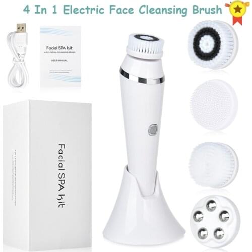 Electric Facial Cleansing Brush with 4 Face Cleaning Brush Heads Waterproof Wireless Facial Cleansing Device 3 Modes Skincare