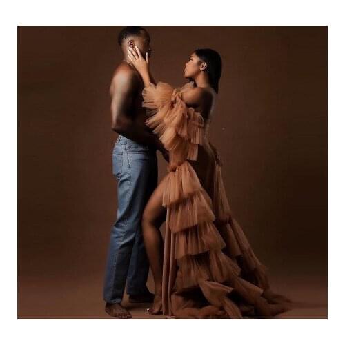 2021 Tulle Maternity Robes Tiered Ruffles Floor Length A Line Sheer Cap Sleeves Plus Size Photo Shoot Gowns