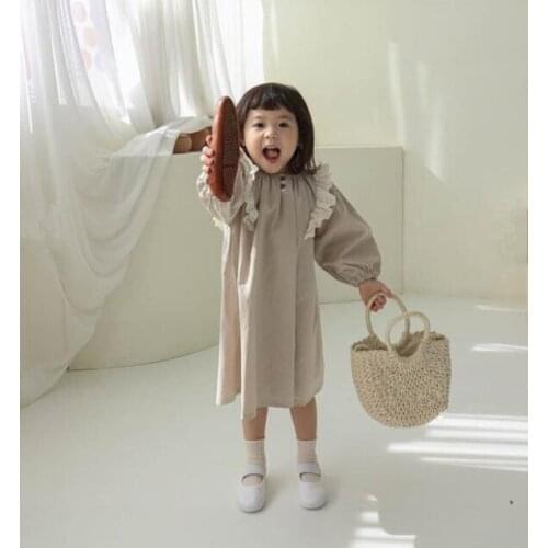 Cotton Linen Girl Dress Lace Kids Long Sleeve Princess Solid Color Brown Dress New Arrival Autumn Child Clothing Toddler Outfits