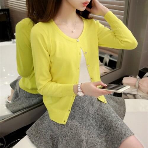 2021 The new film 6072 han edition of low round neck long sleeve knit pure color loose cardigan 27 candy
