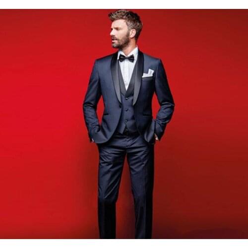 2019 Classic Navy Blue Wedding Tuxedos Slim Fit Groom Suits For Men Groomsmen Suit 3 Pieces Prom Suits (Jacket +Pants+Vest+Tie)