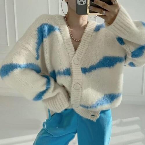 Korean New Knitted Jackets Single Breasted V-Neck Long Sleeve Loose Coats Striped Sweater Women Cardigan Tops Fall 2021 Knitwear