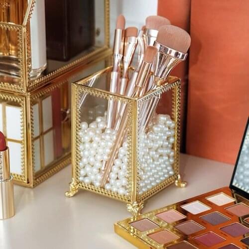 Cosmetic Storage Box Makeup Brush Holder Lipstick Eyebrow Pen Desk Organizer Make Up Pinsel Halter Transparent Box With Pearl