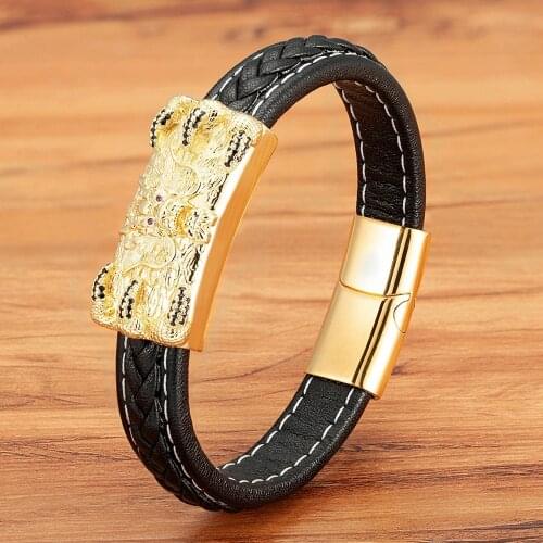 Fashion Luxury Crystal Stainless Steel Leather Men Bracelets Woven Rope Bangles Magnetic Clasp For Men Birthday Charm Jewelry