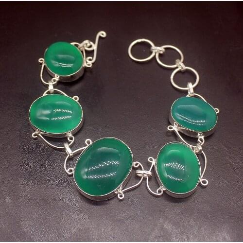 Fashion Unique New Hot GreenAgate Silver Color Charms Links Bracelets For Women 8 inch HD671