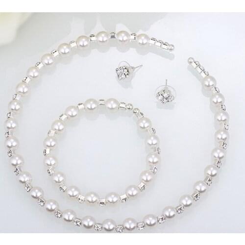 Fashion Women Simulated Pearl Crystal Choker Necklace+Studs Earrings+Bracelet Wedding Bridal Jewelry Set NOV99