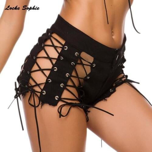 High waist Sexy Womens jeans denim shorts 2021 Summer denim cotton Bandage hollow Splicing Ladies Skinny Sexy super short jeans