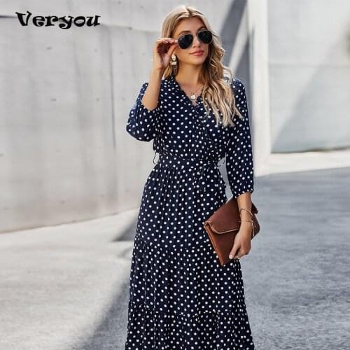 Polka Dot Print Maxi Dress 2021 High Waist V Neck Lace Up Ruffle Ladies Spring Summer Clothes Casual Elegant Holiday Dresses